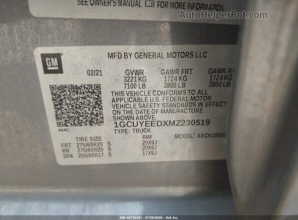 1GCUYEEDXMZ230519 2021 CHEVROLET SILVERADO Silver Engine compartment view