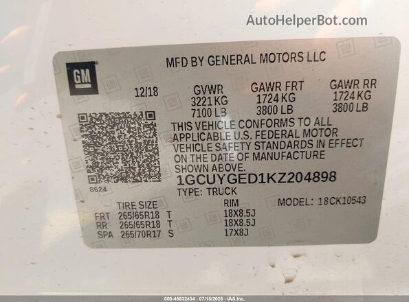 1GCUYGED1KZ204898 2019 CHEVROLET SILVERADO White Вид підкапотного простору