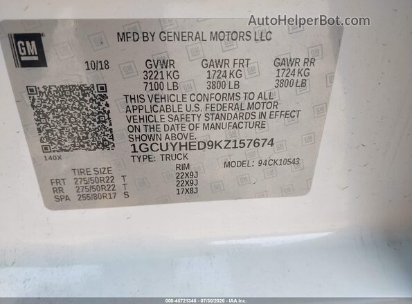 1GCUYHED9KZ157674 2019 CHEVROLET SILVERADO White Engine compartment view
