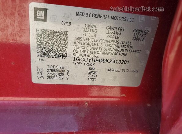 1GCUYHED9KZ413201 2019 CHEVROLET SILVERADO Красный Вид подкапотного пространства