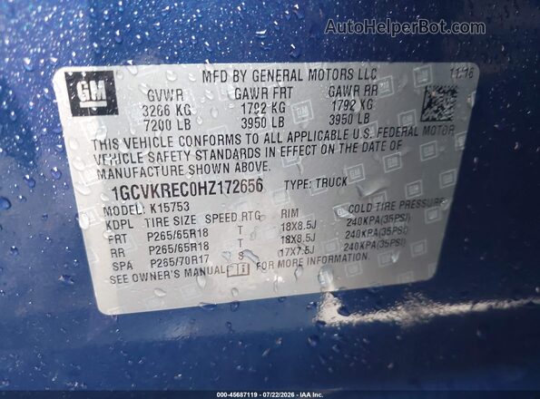 1GCVKREC0HZ172656 2017 CHEVROLET SILVERADO Blue Engine compartment view