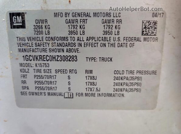 1GCVKREC0HZ308283 2017 CHEVROLET SILVERADO Silver VIN sticker view