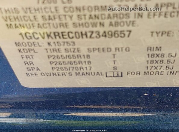 1GCVKREC0HZ349657 2017 CHEVROLET SILVERADO Blue Շարժիչի բաժամունքի տեսք