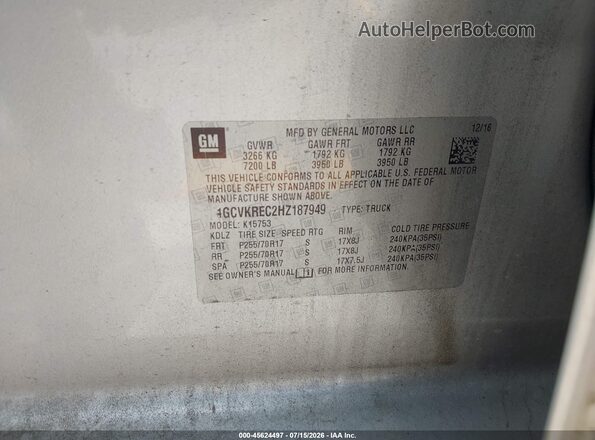 1GCVKREC2HZ187949 2017 CHEVROLET SILVERADO Серебряный Вид подкапотного пространства
