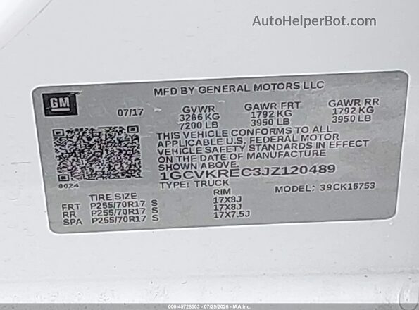 1GCVKREC3JZ120489 2018 CHEVROLET SILVERADO White Engine compartment view