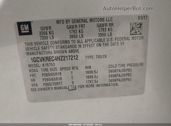 1GCVKREC4HZ217212 2017 CHEVROLET SILVERADO Silver Vista del compartimento del motor