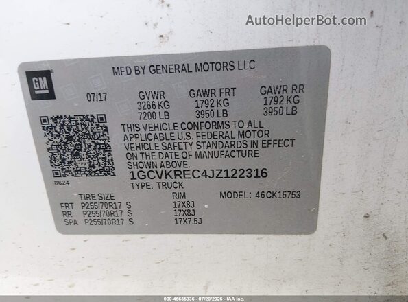 1GCVKREC4JZ122316 2018 CHEVROLET SILVERADO White Вид підкапотного простору