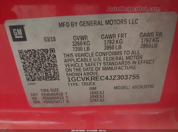 1GCVKREC4JZ303755 2018 CHEVROLET SILVERADO Red Вид підкапотного простору