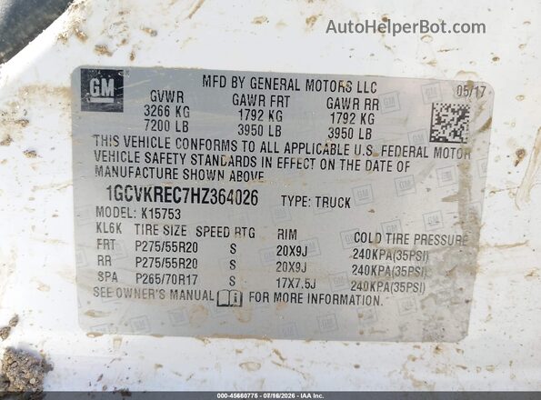 1GCVKREC7HZ364026 2017 CHEVROLET SILVERADO White Вид підкапотного простору