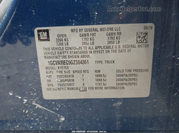 1GCVKREC9GZ304361 2016 CHEVROLET SILVERADO Blue ძრავის განყოფილების ხედი