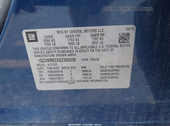 1GCVKRECXGZ289336 2016 CHEVROLET SILVERADO Blue Вид підкапотного простору