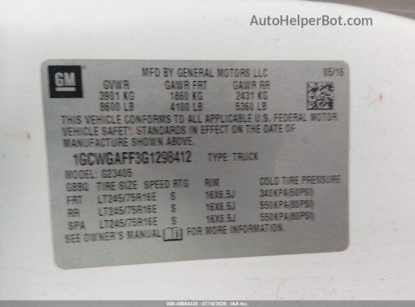 1GCWGAFF3G1298412 2016 CHEVROLET EXPRESS White Vista del compartimento del motor