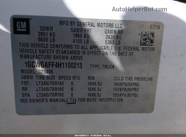 1GCWGAFF4H1100213 2017 CHEVROLET EXPRESS Белый Вид подкапотного пространства