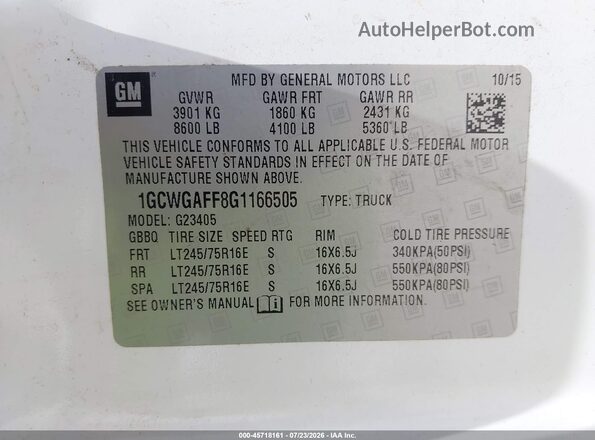 1GCWGAFF8G1166505 2016 CHEVROLET EXPRESS White Vista del compartimento del motor