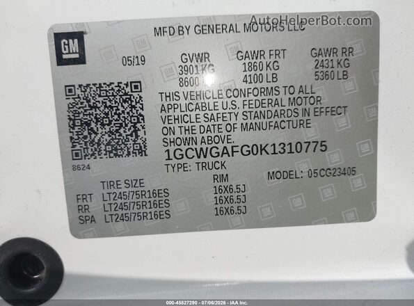 1GCWGAFG0K1310775 2019 CHEVROLET EXPRESS White Engine compartment view