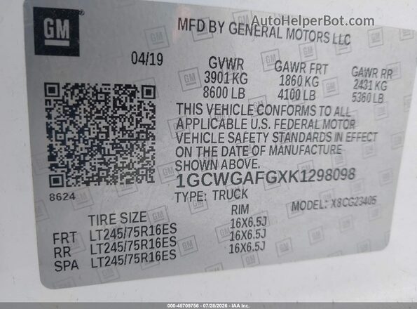 1GCWGAFGXK1298098 2019 CHEVROLET EXPRESS Белый Вид подкапотного пространства