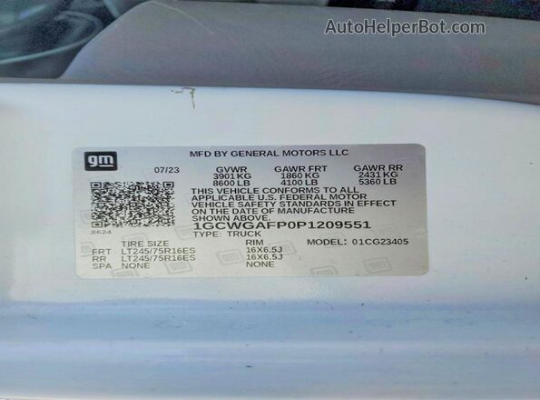 1GCWGAFP0P1209551 2023 CHEVROLET EXPRESS White VIN კოდის სტიკერის ხედი