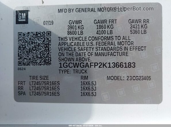 1GCWGAFP2K1366183 2019 CHEVROLET EXPRESS White Vista del compartimento del motor