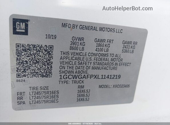 1GCWGAFPXL1141219 2020 CHEVROLET EXPRESS White Vista del compartimento del motor
