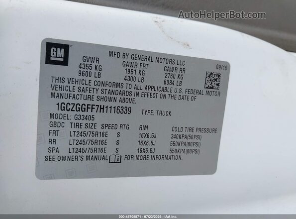 1GCZGGFF7H1116339 2017 CHEVROLET EXPRESS White Engine compartment view