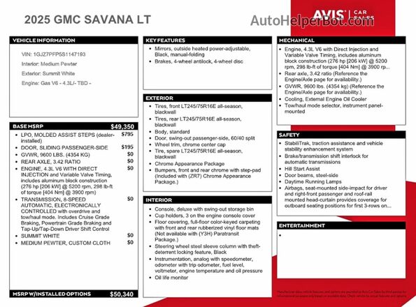 1GJZ7PFP5S1147193 2025 GMC SAVANA White Widok naklejki z numerem VIN