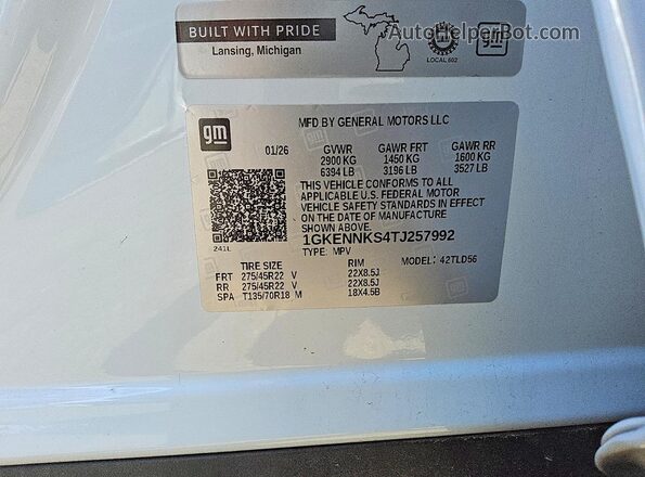 1GKENNKS4TJ257992 2026 GMC ACADIA White Вид наклейки з VIN-кодом