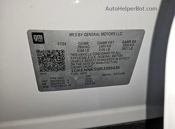 1GKENNKS5RJ200435 2024 GMC ACADIA White Widok naklejki z numerem VIN