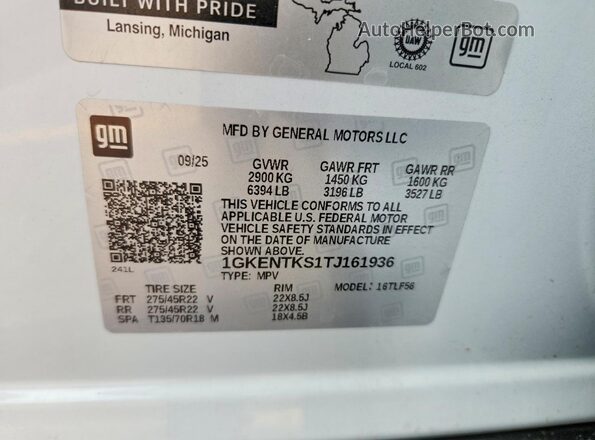 1GKENTKS1TJ161936 2026 GMC ACADIA White VIN կոդի պիտակի տեսք
