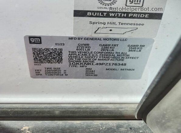 1GKKNKL49PZ176348 2023 GMC ACADIA White VIN կոդի պիտակի տեսք