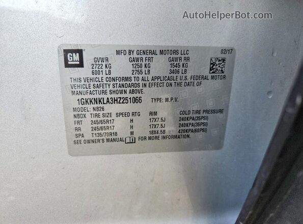 1GKKNKLA3HZ251066 2017 GMC ACADIA Silver Вид наклейки з VIN-кодом