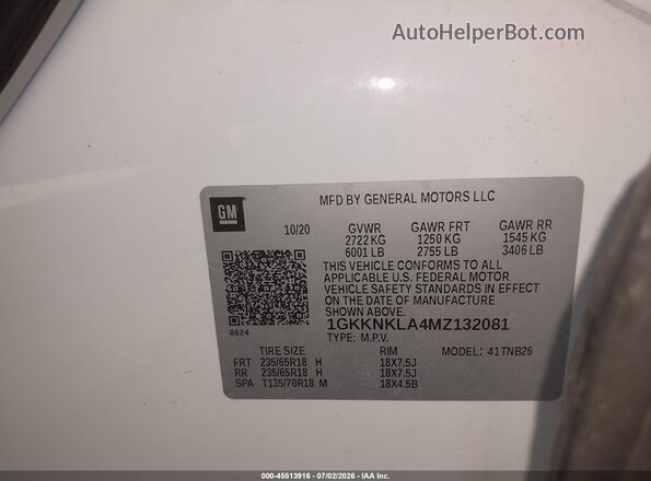 1GKKNKLA4MZ132081 2021 GMC ACADIA White Widok komory silnika