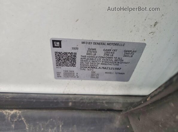 1GKKNKLA7MZ121592 2021 GMC ACADIA White Вид підкапотного простору