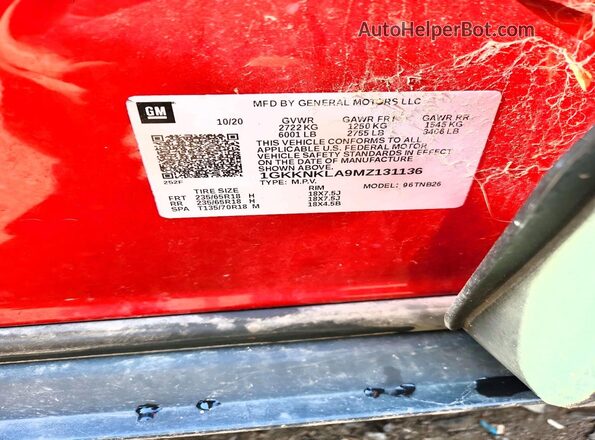 1GKKNKLA9MZ131136 2021 GMC ACADIA Red Widok naklejki z numerem VIN