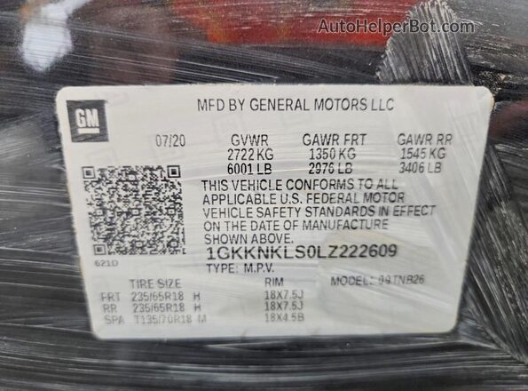 1GKKNKLS0LZ222609 2020 GMC ACADIA Угольный Вид наклейки с VIN-кодом