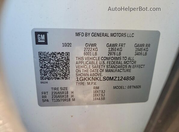 1GKKNKLS0MZ124858 2021 GMC ACADIA White Vista de la etiqueta del VIN