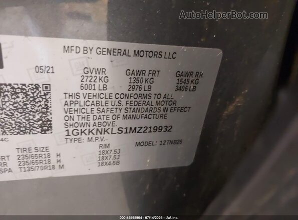 1GKKNKLS1MZ219932 2021 GMC ACADIA Gray Вид підкапотного простору