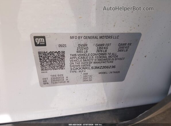 1GKKNKLS3MZ208236 2021 GMC ACADIA White Widok komory silnika