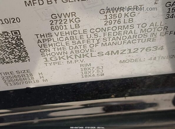 1GKKNKLS4MZ127634 2021 GMC ACADIA Black Widok komory silnika