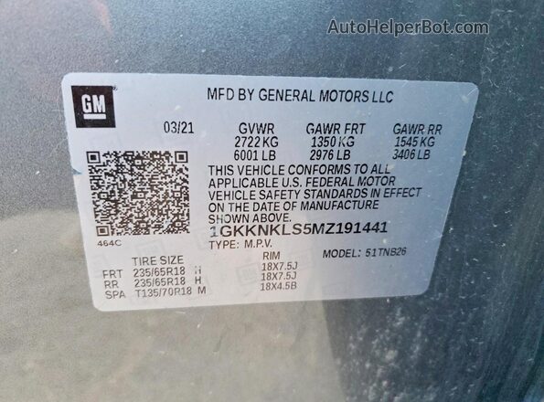 1GKKNKLS5MZ191441 2021 GMC ACADIA Серый Вид наклейки с VIN-кодом