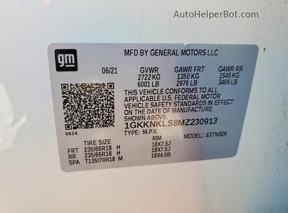 1GKKNKLS8MZ230913 2021 GMC ACADIA White VIN sticker view