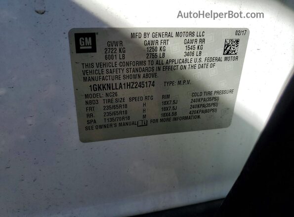 1GKKNLLA1HZ245174 2017 GMC ACADIA White Вид наклейки з VIN-кодом