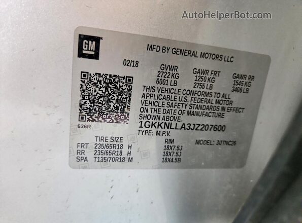 1GKKNLLA3JZ207600 2018 GMC ACADIA Silver Vista de la etiqueta del VIN