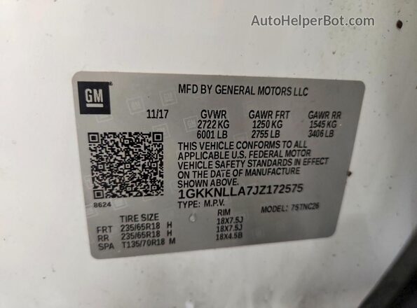 1GKKNLLA7JZ172575 2018 GMC ACADIA White VIN կոդի պիտակի տեսք