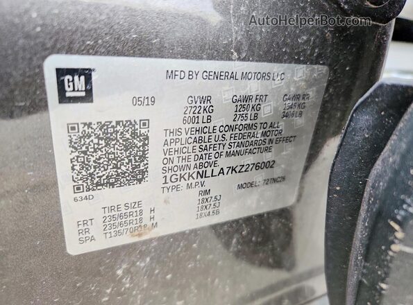 1GKKNLLA7KZ276002 2019 GMC ACADIA Brown VIN կոդի պիտակի տեսք
