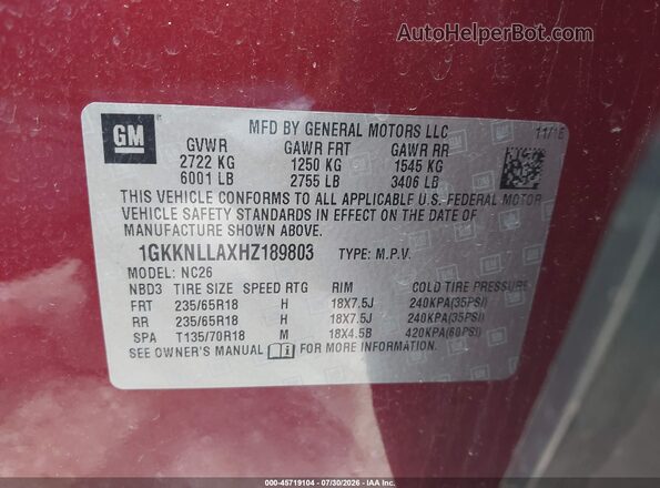 1GKKNLLAXHZ189803 2017 GMC ACADIA Красный Вид подкапотного пространства