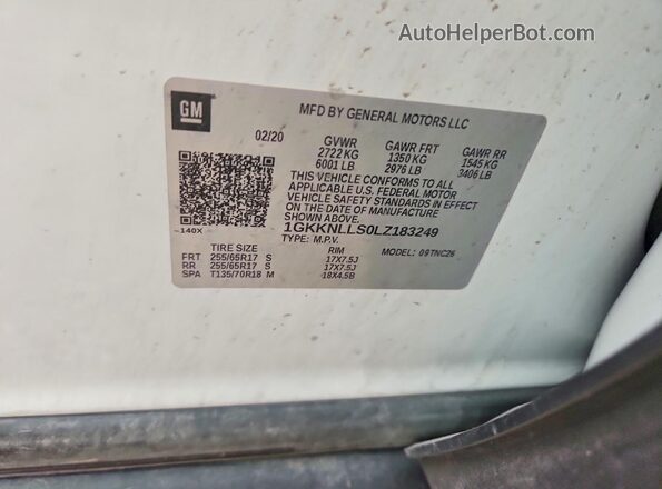 1GKKNLLS0LZ183249 2020 GMC ACADIA Белый Вид наклейки с VIN-кодом