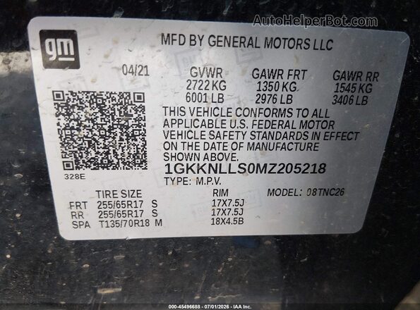 1GKKNLLS0MZ205218 2021 GMC ACADIA Black Vista del compartimento del motor
