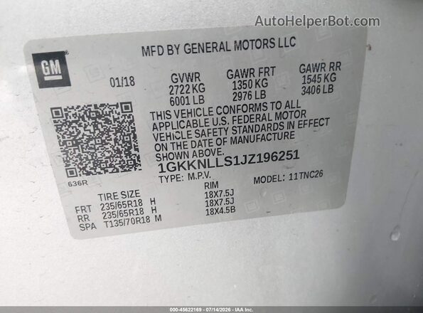1GKKNLLS1JZ196251 2018 GMC ACADIA Серебряный Вид подкапотного пространства