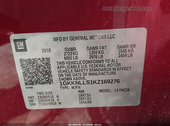 1GKKNLLS1KZ169276 2019 GMC ACADIA Red Engine compartment view