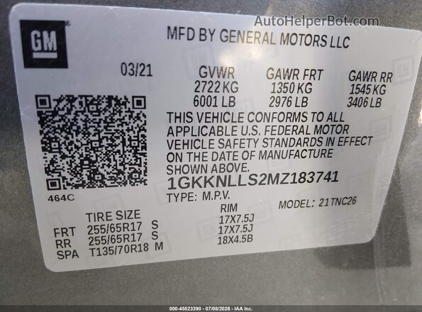 1GKKNLLS2MZ183741 2021 GMC ACADIA Gray Вид підкапотного простору